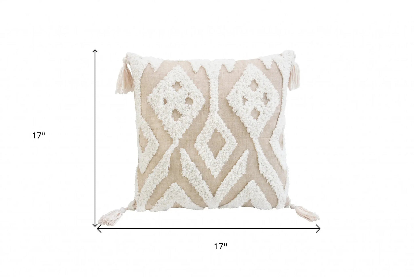 17" X 17" Beige And White Ikat Zippered Polyester Throw Pillow With Tassels Homeroots