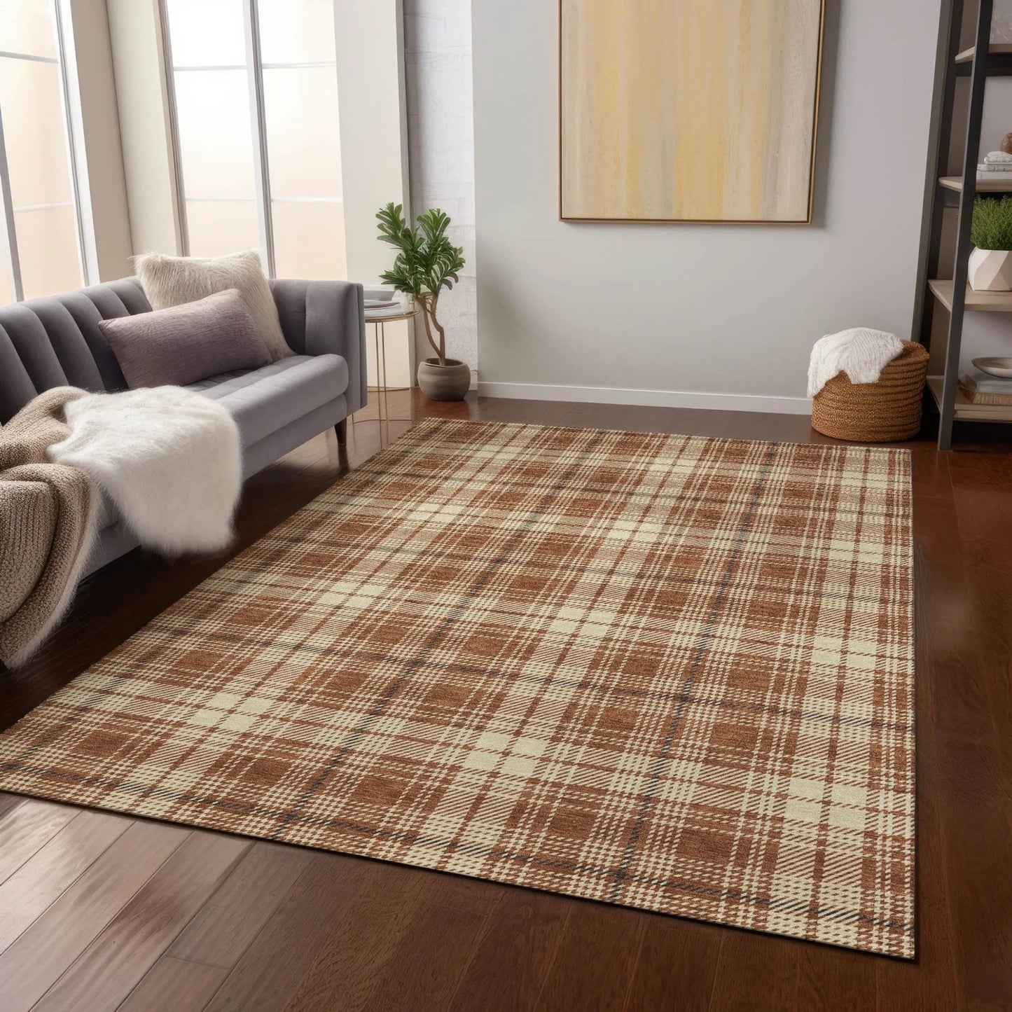 9' X 12' Brown Black And Beige Plaid Washable Indoor Outdoor Area Rug-8