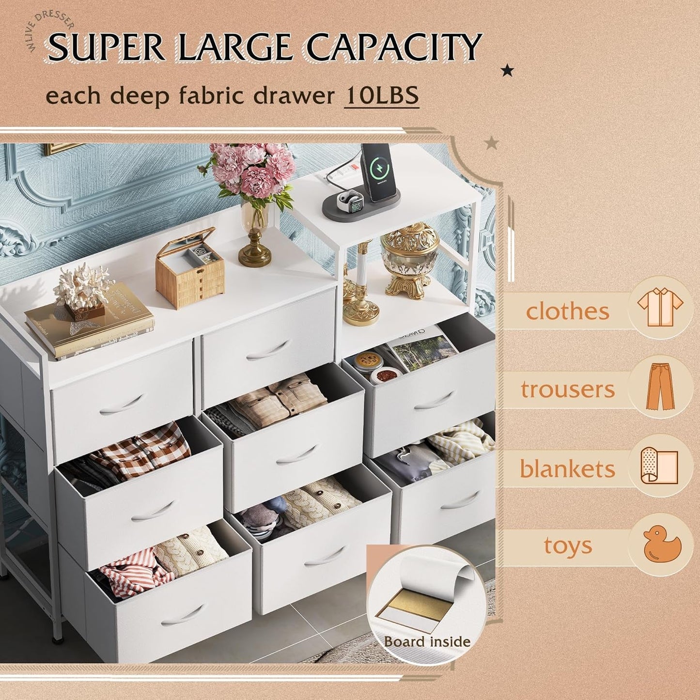 White Dresser TV Stand for Bedroom with Charging Station and Open Shelves, Fabric Dresser with 8 Drawers and Wood Top, Wide Storage Chest of Drawers for Living Room, Hallway ShipItFurniture