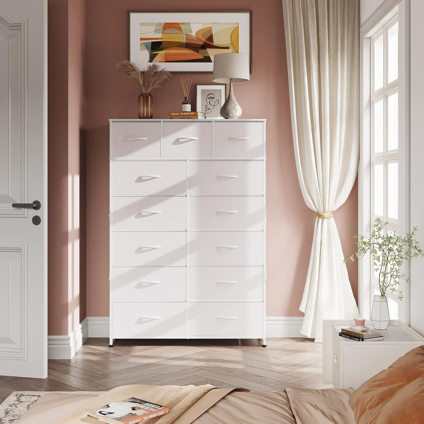 Tall Dresser for Bedroom with 13 Drawers, Storage Dresser Organizer Unit, Fabric Dresser for Bedroom, Closet, Chest of Drawers with Fabric Bins, Steel Frame, Wood Top, White-4