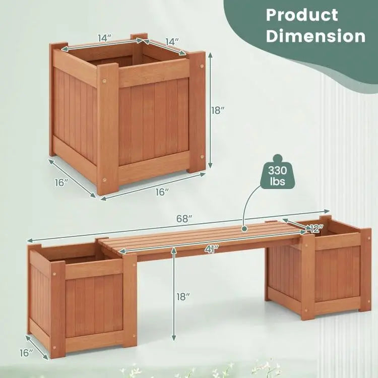 Farmhouse Durable Outdoor Wooden Planter Box with Garden Bench FastFurnishings