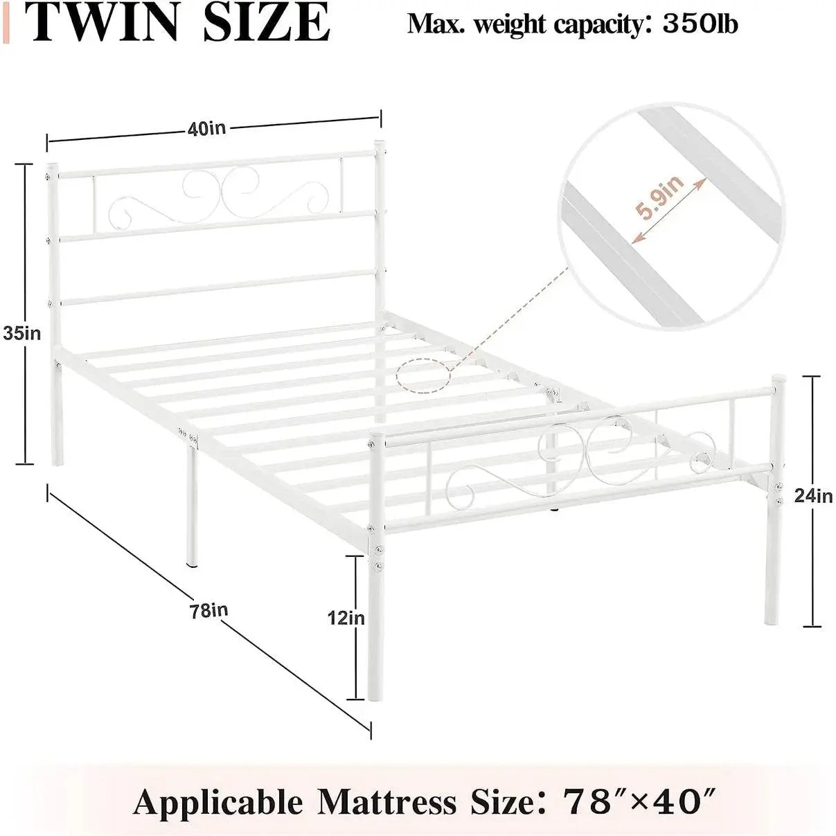 Twin size White Metal Platform Bed Frame with Headboard and Footboard FastFurnishings