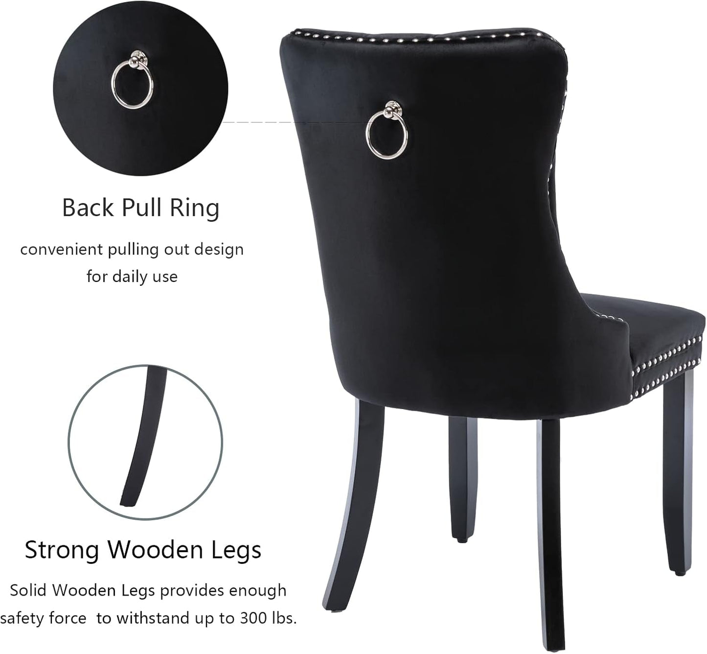 Black Velvet Dining Chairs Set of 4, Upholstered Dining Room Chairs with Back Ring Pull Trim and Solid Wood Legs,Modern Dining Chairs Perfect for Dining Room,Living Room,Kitchen(Black)-4
