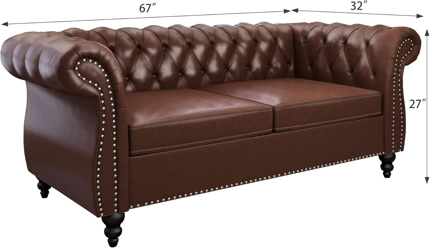 3 Piece Living Room Set, Chesterfield Leather Sofa Loveseat Couch Chair with Scroll Arms and Nailhead for Living Room, Office (Dark Brown)-4