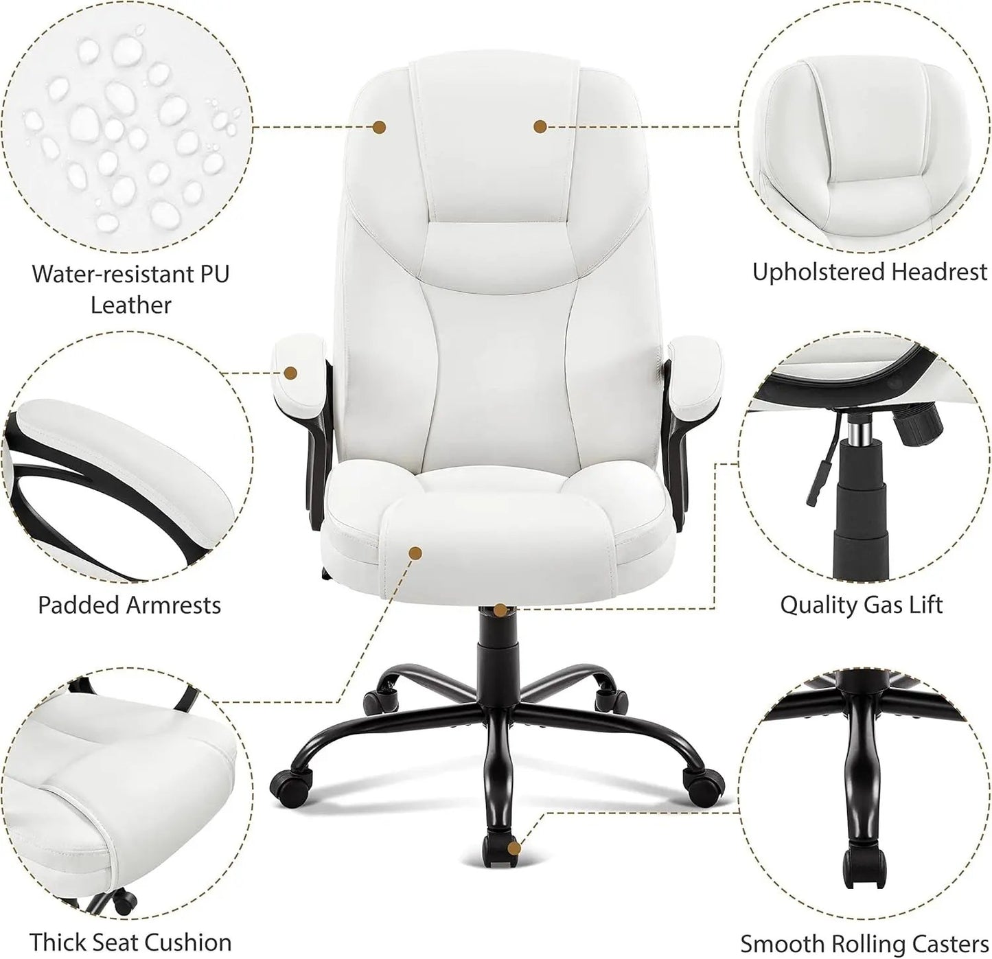 High Back Executive Chair Faux Leather Managerial Chair Ergonomic Task Chair Computer Meeting Chair Large Seat Swivel Chair, Sturdy Metal Base,White ShipItFurniture