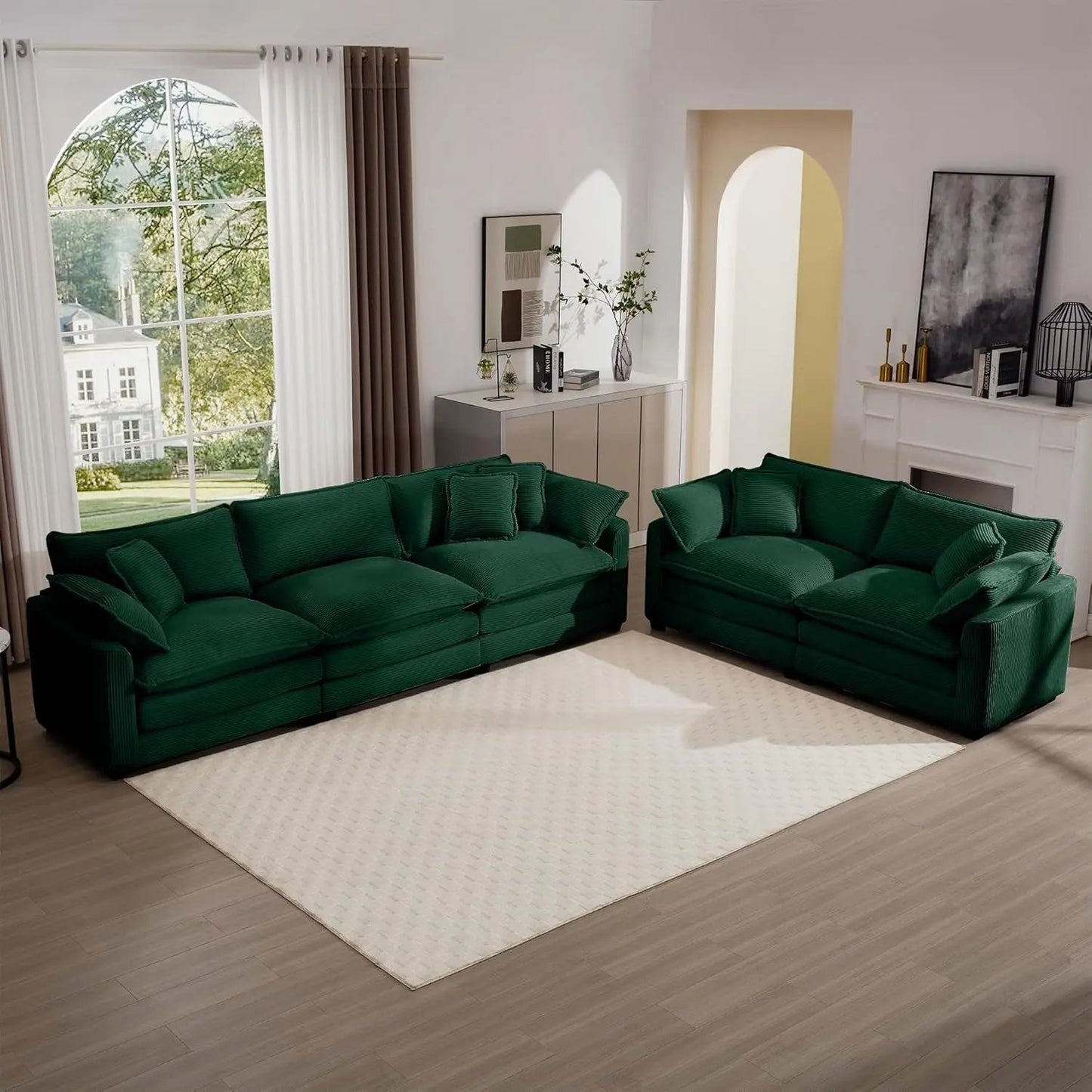 Oversized 2 Piece Sofa Set for Living Room, 3-Seater & Loveseat Couch, Modular Sectional Deep Seat Corduroy Comfy Cloud Couches with 4 Armrest Pillows and 5 Toss Pillows, Green ShipItFurniture