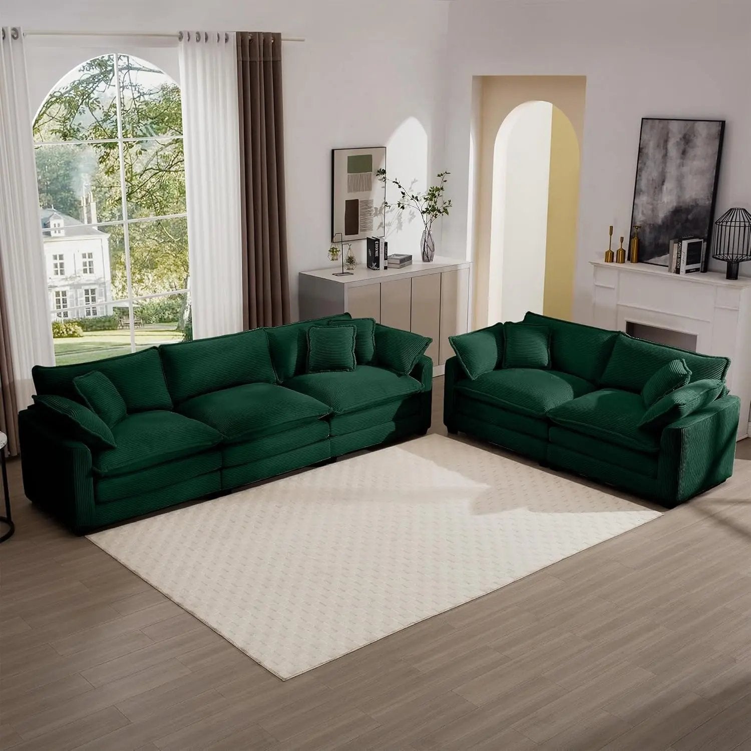 Oversized 2 Piece Sofa Set for Living Room, 3-Seater & Loveseat Couch, Modular Sectional Deep Seat Corduroy Comfy Cloud Couches with 4 Armrest Pillows and 5 Toss Pillows, Green ShipItFurniture