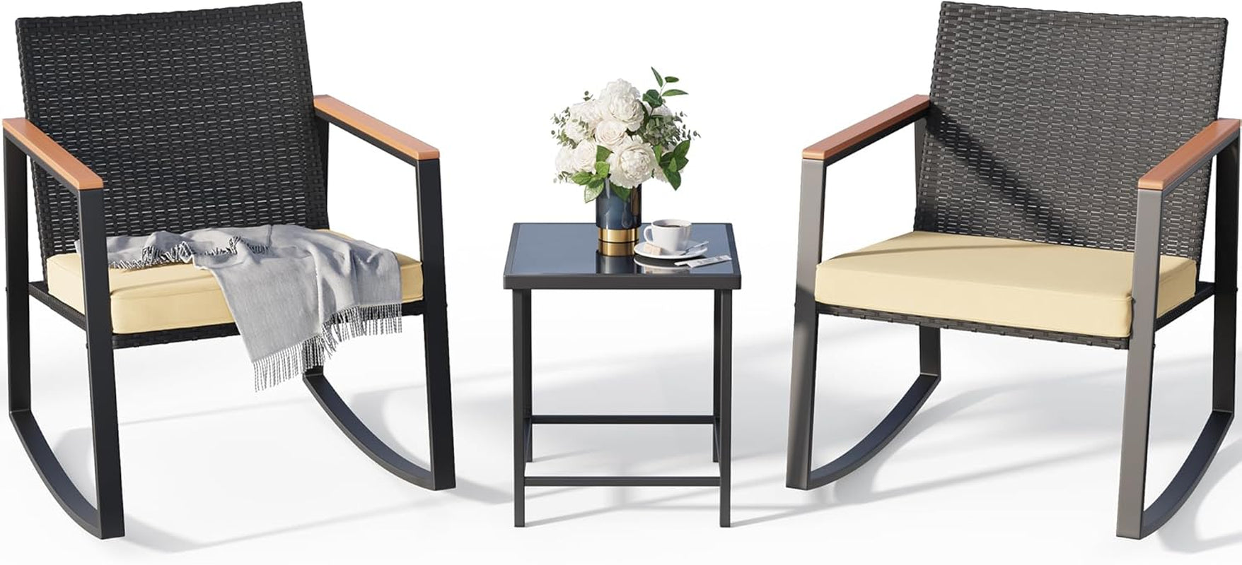 3 Pieces Rocking Patio Bistro Set with Anti-Scald Armrest, Outdoor Patio Wicker Furniture Set with Glass Table and Cushion for Garden, Yard, Porch-0