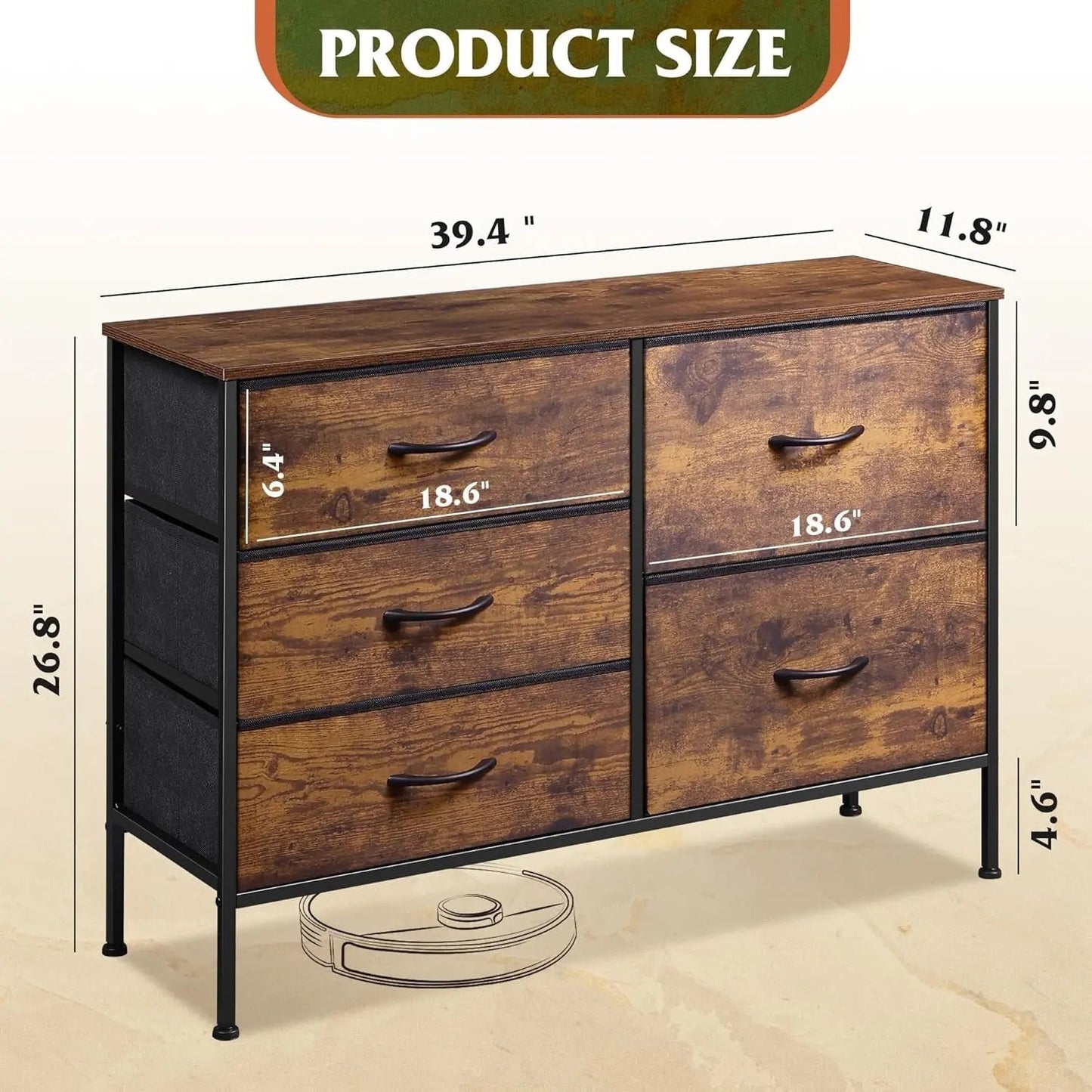 Dresser for Bedroom with 5 Drawers, Wide Bedroom Dresser with Drawer Organizers, Chest of Drawers, Fabric Dresser for Living Room, Closet, Hallway, Rustic Brown Wood Grain Print ShipItFurniture