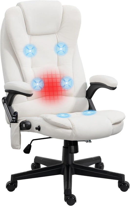 6 Point Vibrating Massage Office Chair with Heat, Velvet High Back Executive Office Chair with Reclining Backrest, Padded Armrests and Remote, Cream White-0