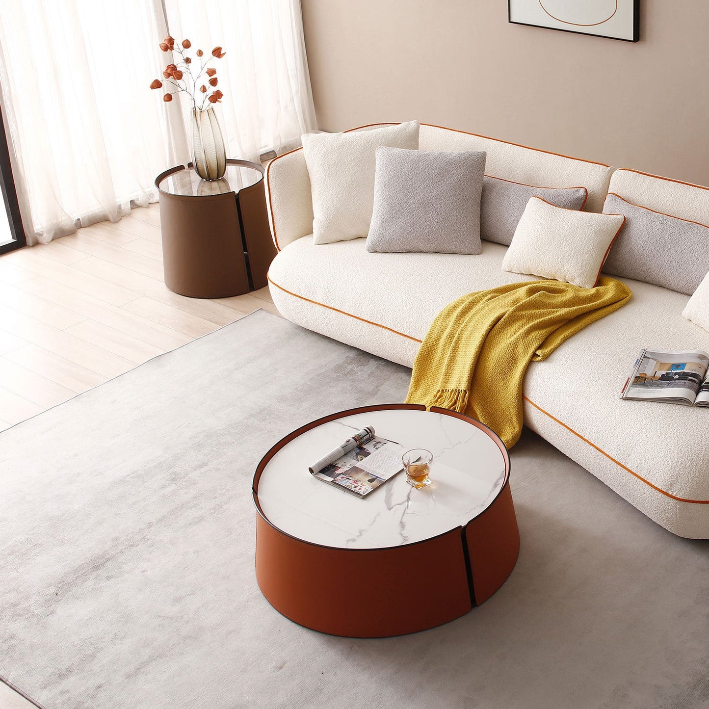 31.5" Coffee Table, Marble Top and Orange Saddle Leather Body G-BlakHom