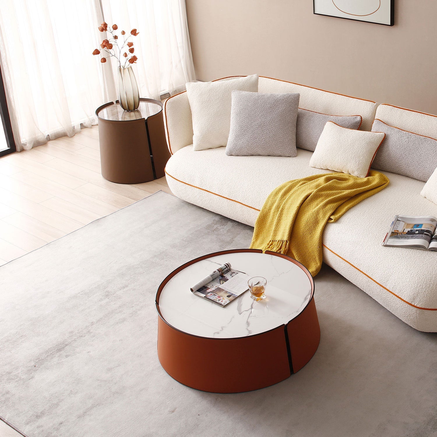 31.5" Coffee Table, Marble Top and Orange Saddle Leather Body G-BlakHom