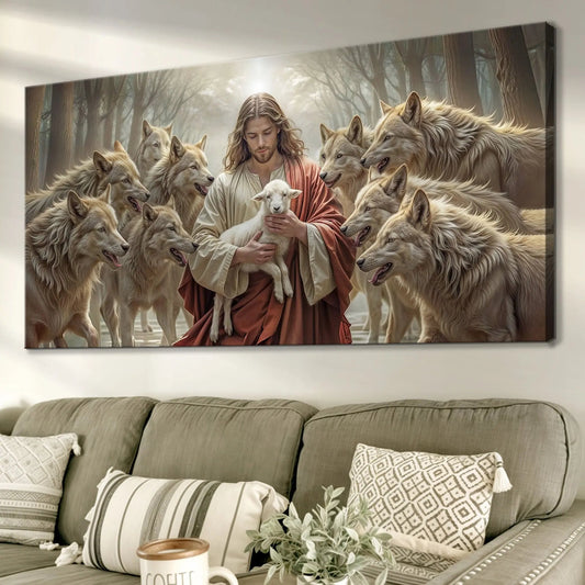 Jesus Protects The Lamb From Wolves Faith Wall Art II Tailored Canvases