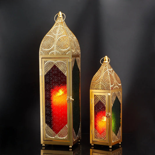 Set of 2 Moroccan Candle Lanterns - 23''&15.5'' H, Hanging, Embossed Colored Tempered Glass, Ramadan Decor for Home, Indoor/Outdoor, Patio & Weddings-0