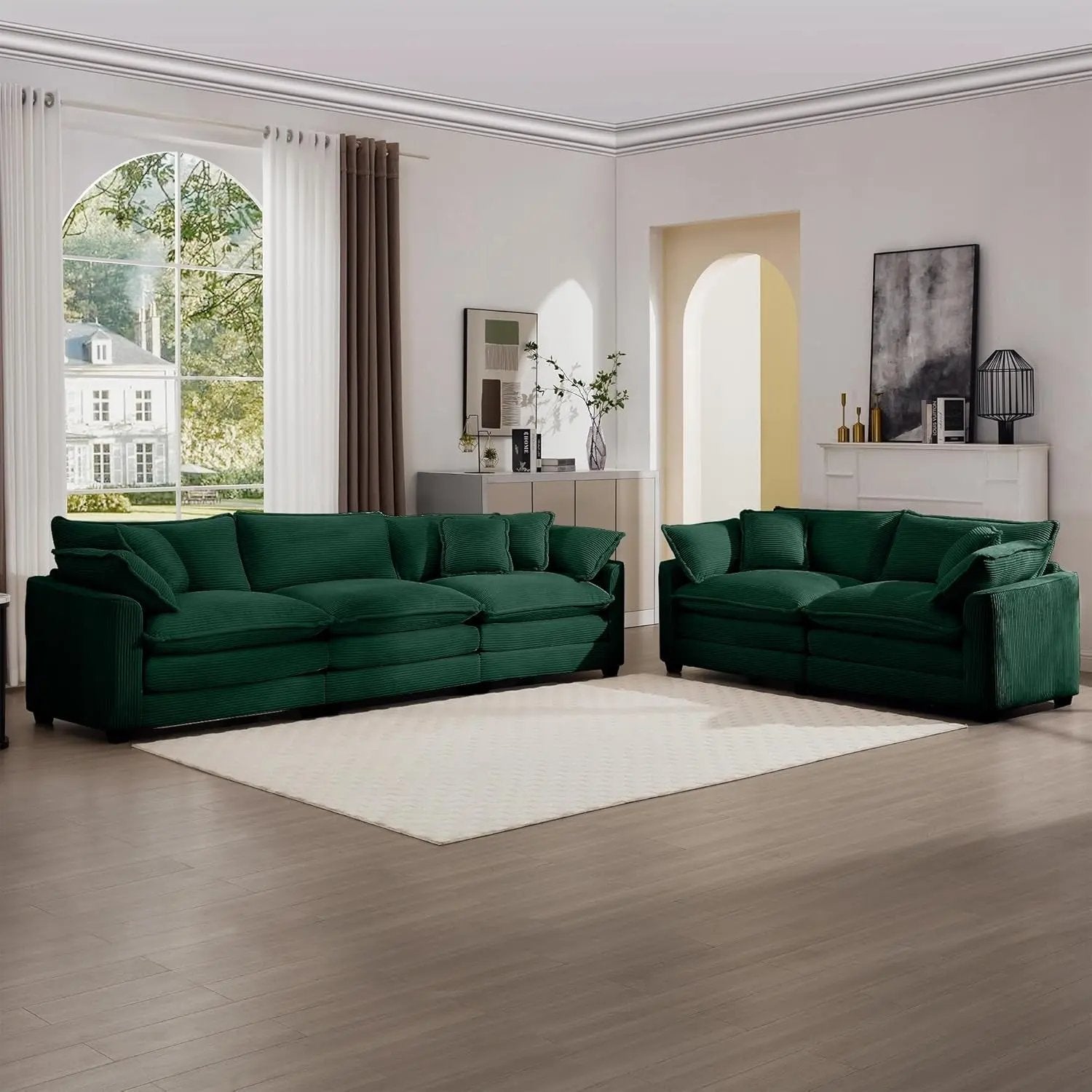 Oversized 2 Piece Sofa Set for Living Room, 3-Seater & Loveseat Couch, Modular Sectional Deep Seat Corduroy Comfy Cloud Couches with 4 Armrest Pillows and 5 Toss Pillows, Green ShipItFurniture