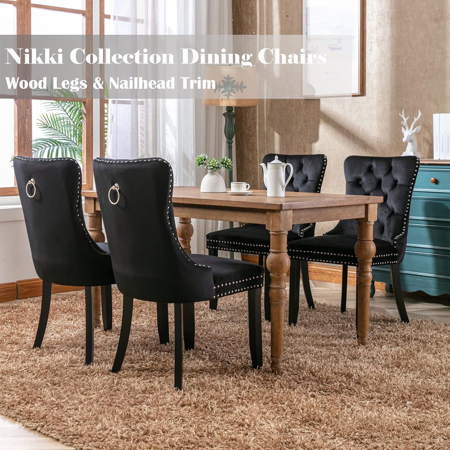Black Velvet Dining Chairs Set of 4, Upholstered Dining Room Chairs with Back Ring Pull Trim and Solid Wood Legs,Modern Dining Chairs Perfect for Dining Room,Living Room,Kitchen(Black)-2