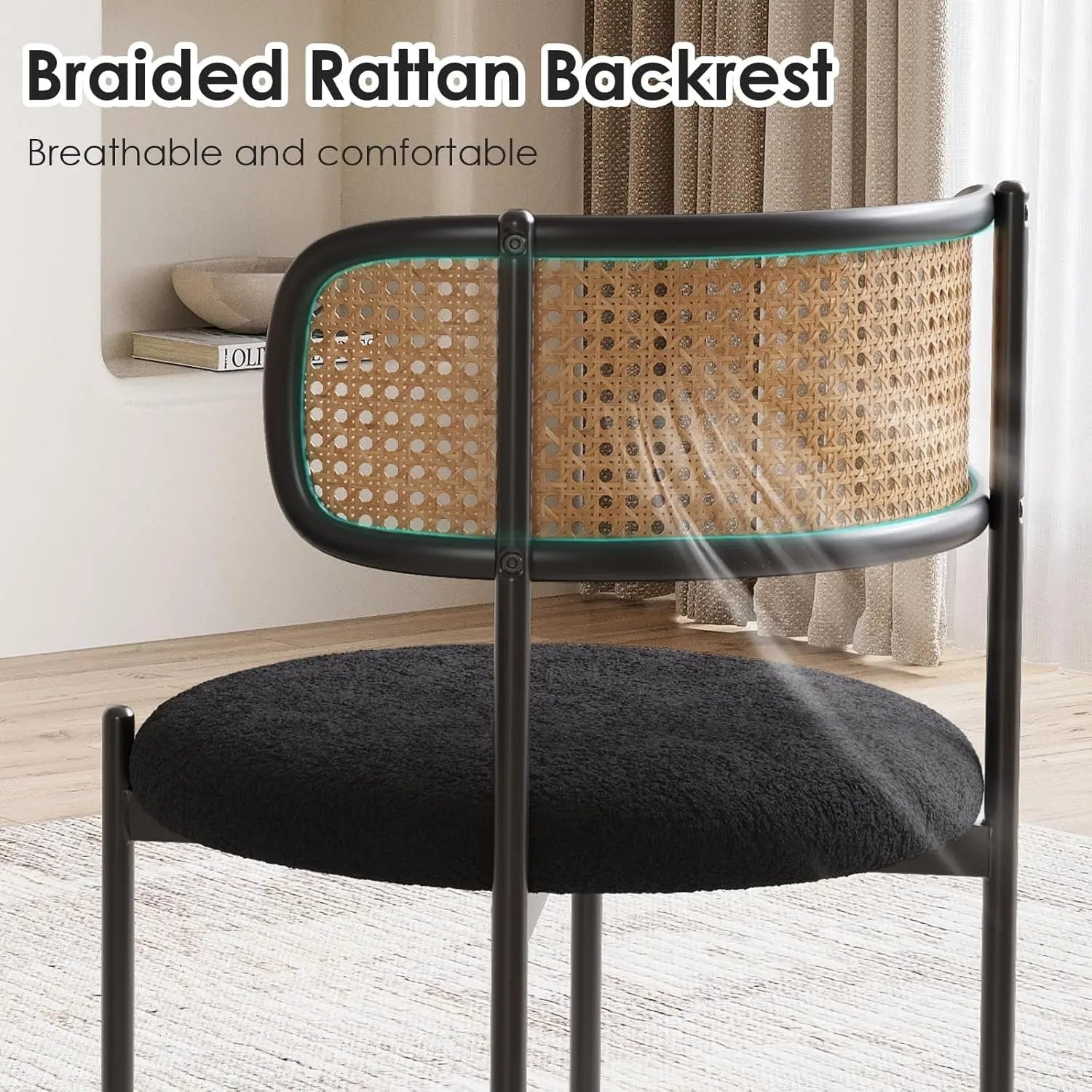 Kitchen Chairs Set of 4, Mid-Century Modern Dining Chairs,Kitchen Dining Room Chairs, Rattan Backrest round Upholstered Sherpa Dining Chairs,Black-3