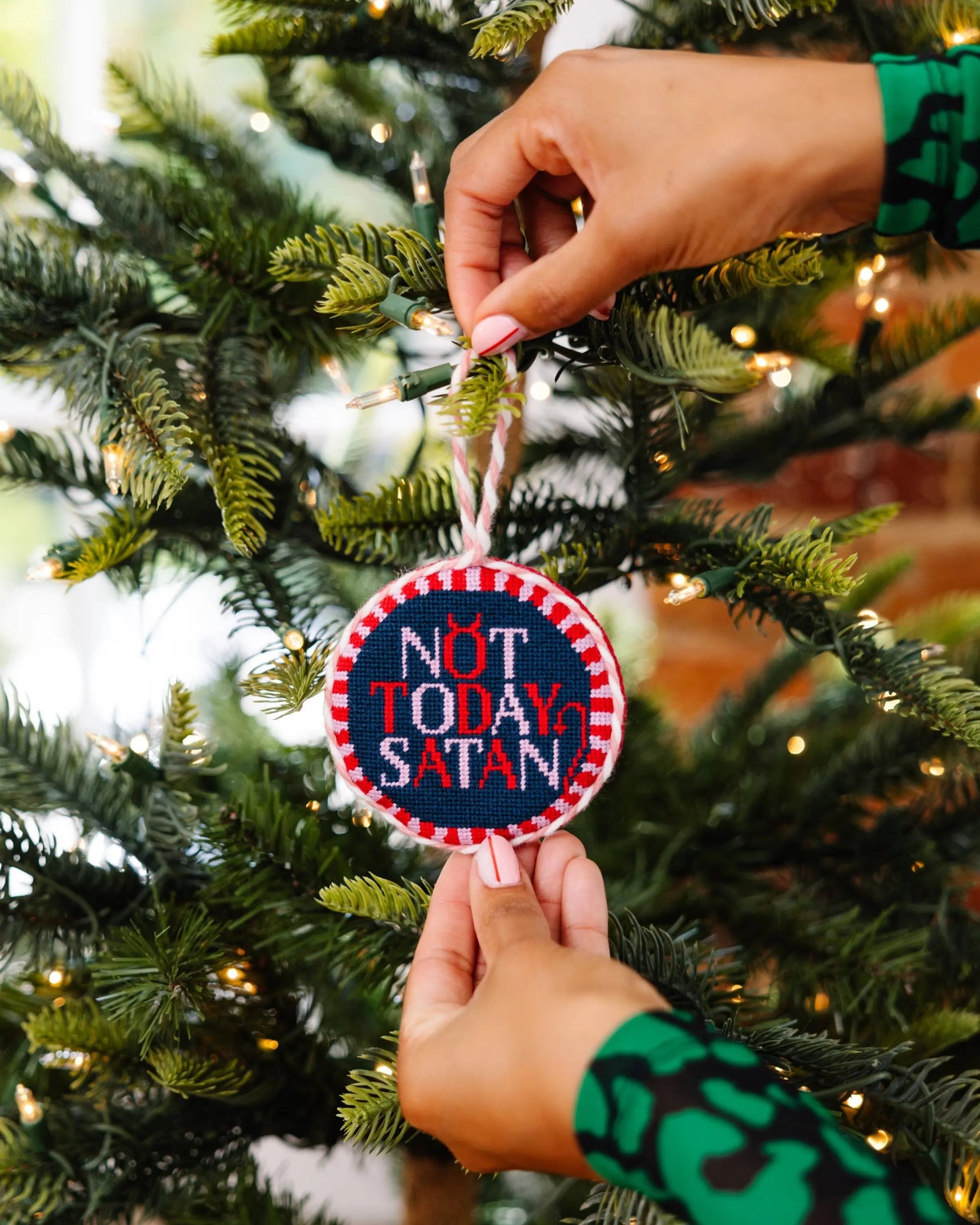 Needlepoint Ornament - Not Today Satan Furbish Studio