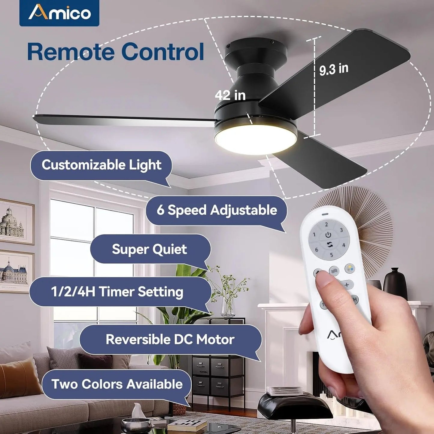 Ceiling Fans with Lights, 42 Inch Low Profile Ceiling Fan with Light and Remote Control, Flush Mount, Reversible, 3CCT, Dimmable, Noiseless, Black Ceiling Fan for Bedroom, Indoor/Outdoor Use ShipItFurniture