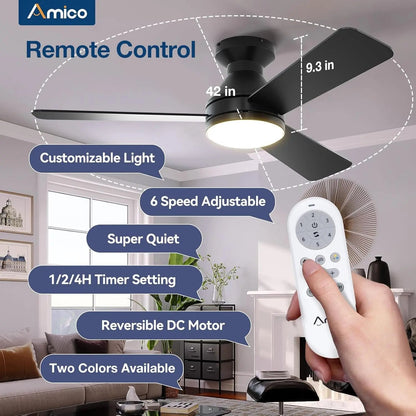 Ceiling Fans with Lights, 42 Inch Low Profile Ceiling Fan with Light and Remote Control, Flush Mount, Reversible, 3CCT, Dimmable, Noiseless, Black Ceiling Fan for Bedroom, Indoor/Outdoor Use ShipItFurniture