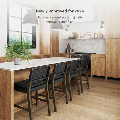 Cohen Mid-Century Modern Leather Bar Stool, Counter Height Chair in Solid Wood Frame with Footrest and Woven Leather Back for Kitchen, Black-2