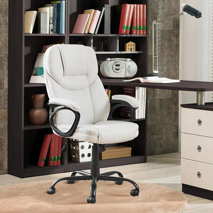 High Back Executive Chair Faux Leather Managerial Chair Ergonomic Task Chair Computer Meeting Chair Large Seat Swivel Chair, Sturdy Metal Base,White ShipItFurniture
