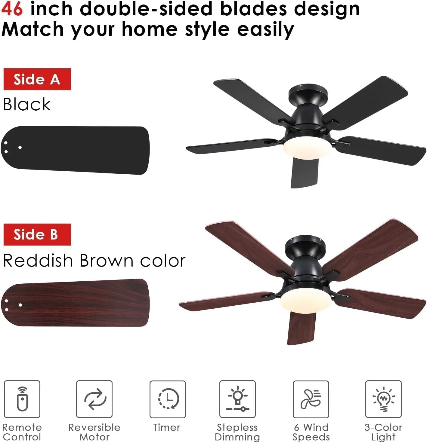 Ceiling Fans with Lights- 46" Low Profile Indoor Ceiling Fan with Light and Remote/App Control, Flush Mount, LED Dimmable DC Reversible Modern Ceiling Fan for Bedroom（Black） ShipItFurniture