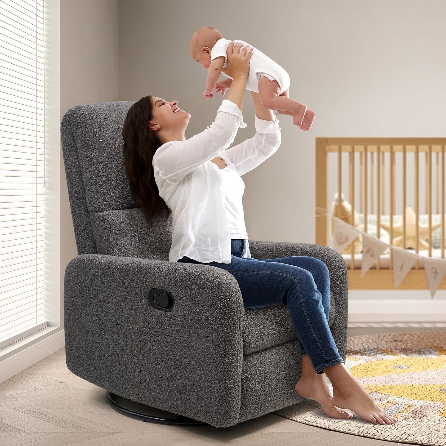 Swivel Rocking Chair, Nursery Glider Recliner Chairs for Adults, Rocker for Living Room Bedroom, Comfy Upholstered Modern Nursing Reclining Single Sofa, Grey Teddy ShipItFurniture