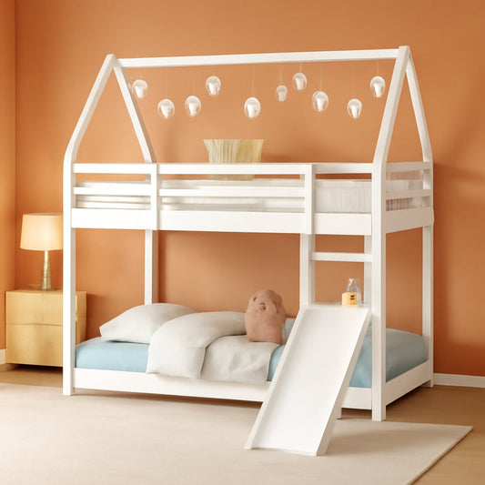 Twin over Twin House Bunk Bed with Slide,Floor Bunk Beds with Ladder for Kids,Solid Wood Twin Size Low Bunk Bed for Girls Boys-0