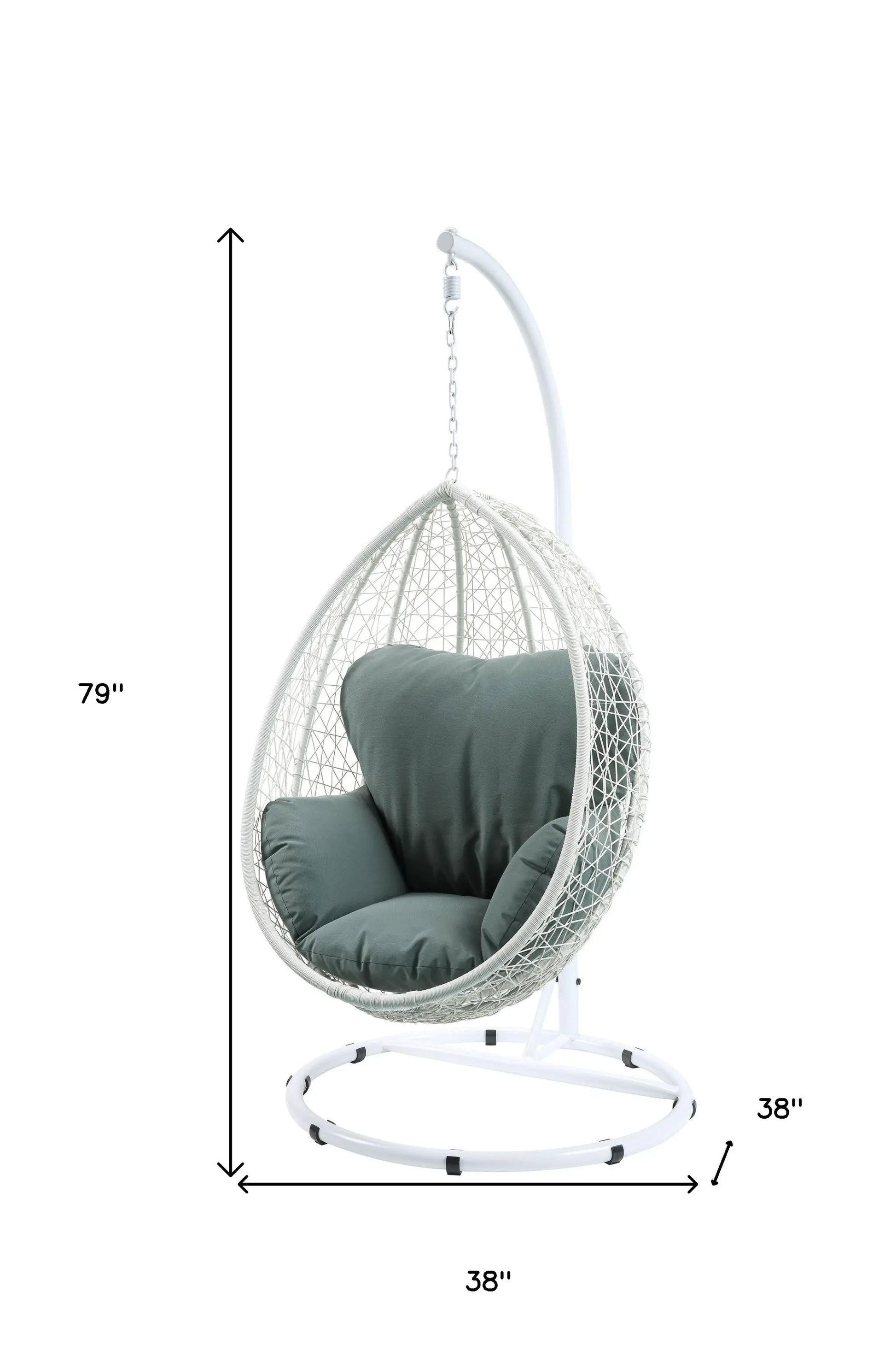 38" White Metal Swing Chair With Green Cushion Homeroots