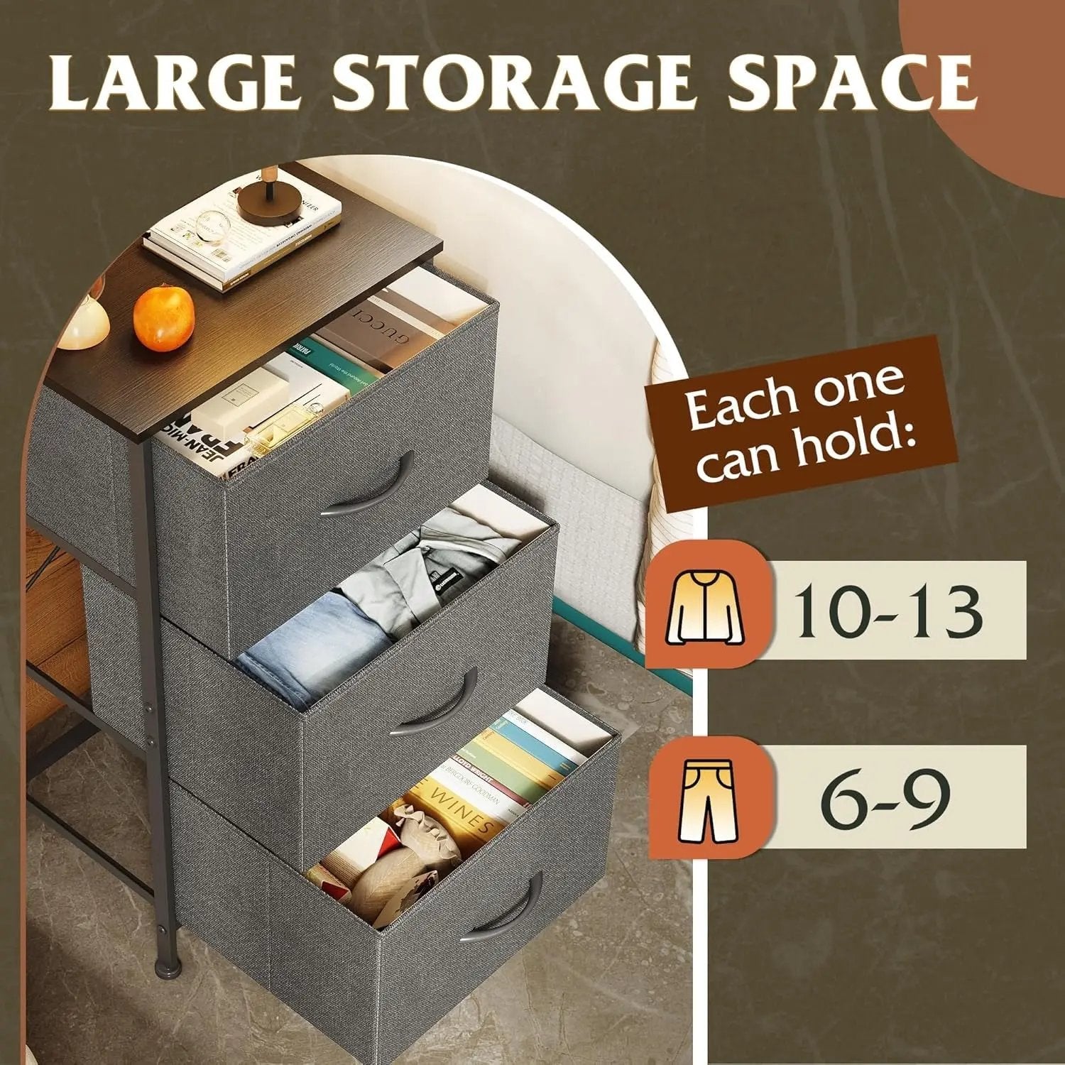 Dresser with 3 Drawers, Fabric Nightstand, Organizer Unit, Storage Dresser for Bedroom, Hallway, Entryway, Closets, Sturdy Steel Frame, Wood Top, Easy Pull Handle, Dark Grey-3