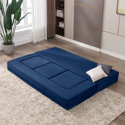 Blue Velvet Futon Sofa Bed with Ottomans ShipItFurniture