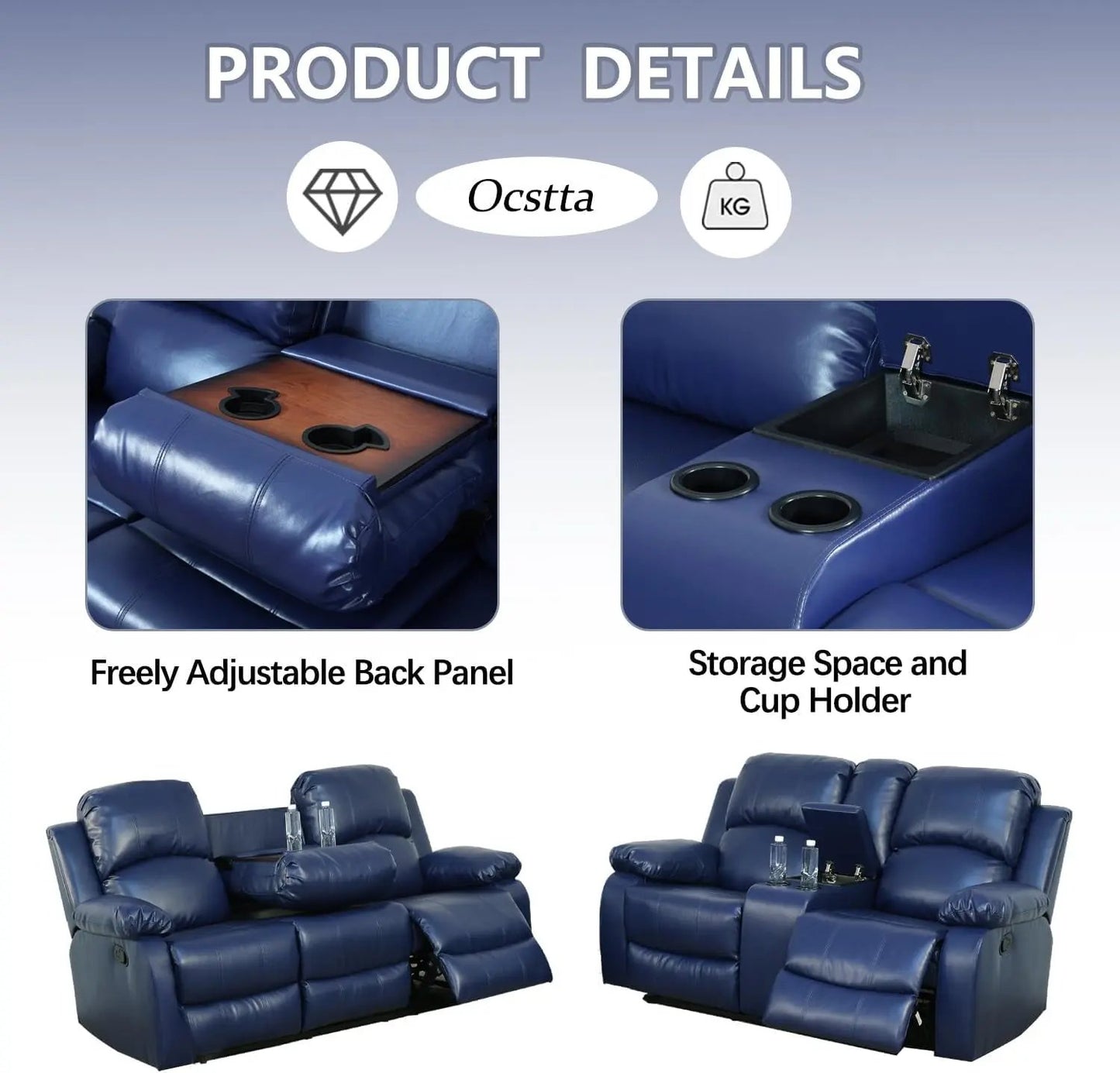 Manual Leather Recliner Sofa Set for Living Room Furniture Set,Leather Recliner Couch Set for Home/Office,Leather Couch Set for 3-Pieces(Sofa+Loveseat+Chair) Blue-2