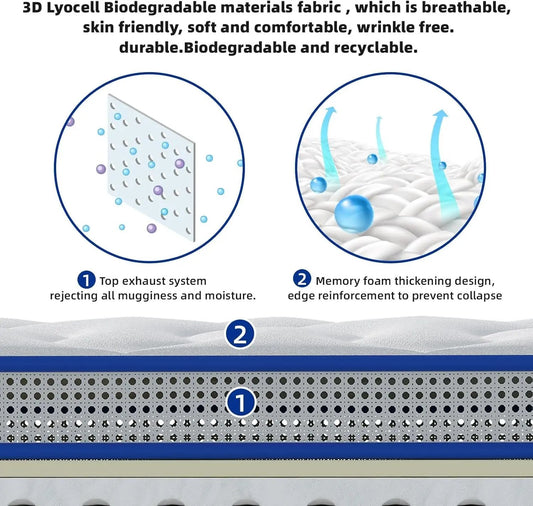 Queen Memory Foam Mattress Inch 12.9 Thick Hyper Support Breathable Edge Reinforcement Ergonomic Cooling ShipItFurniture