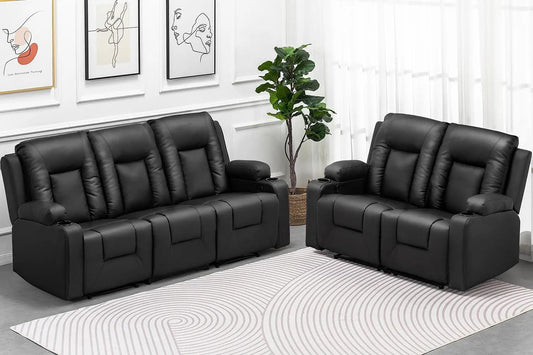 Recline Chair Set，Furniture 2PC Bonded Leather Recliner Set Living Room Set, Sofa, Loveseat（Black,Living Room Set3+2）-0