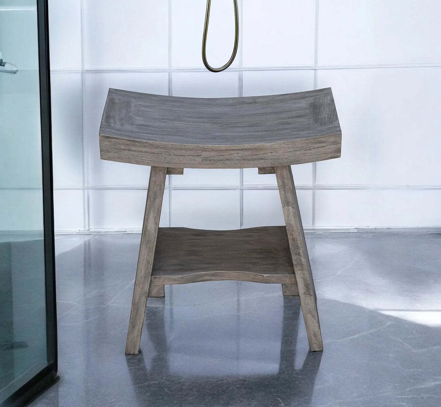 18" Gray Solid Wood Rectangular Shower Bench With Shelf Homeroots