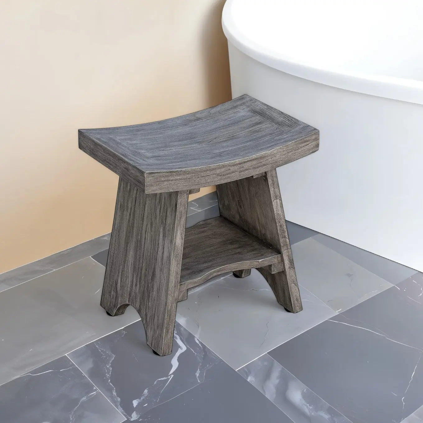 18" Gray Solid Wood Rectangular Shower Bench With Shelf Homeroots