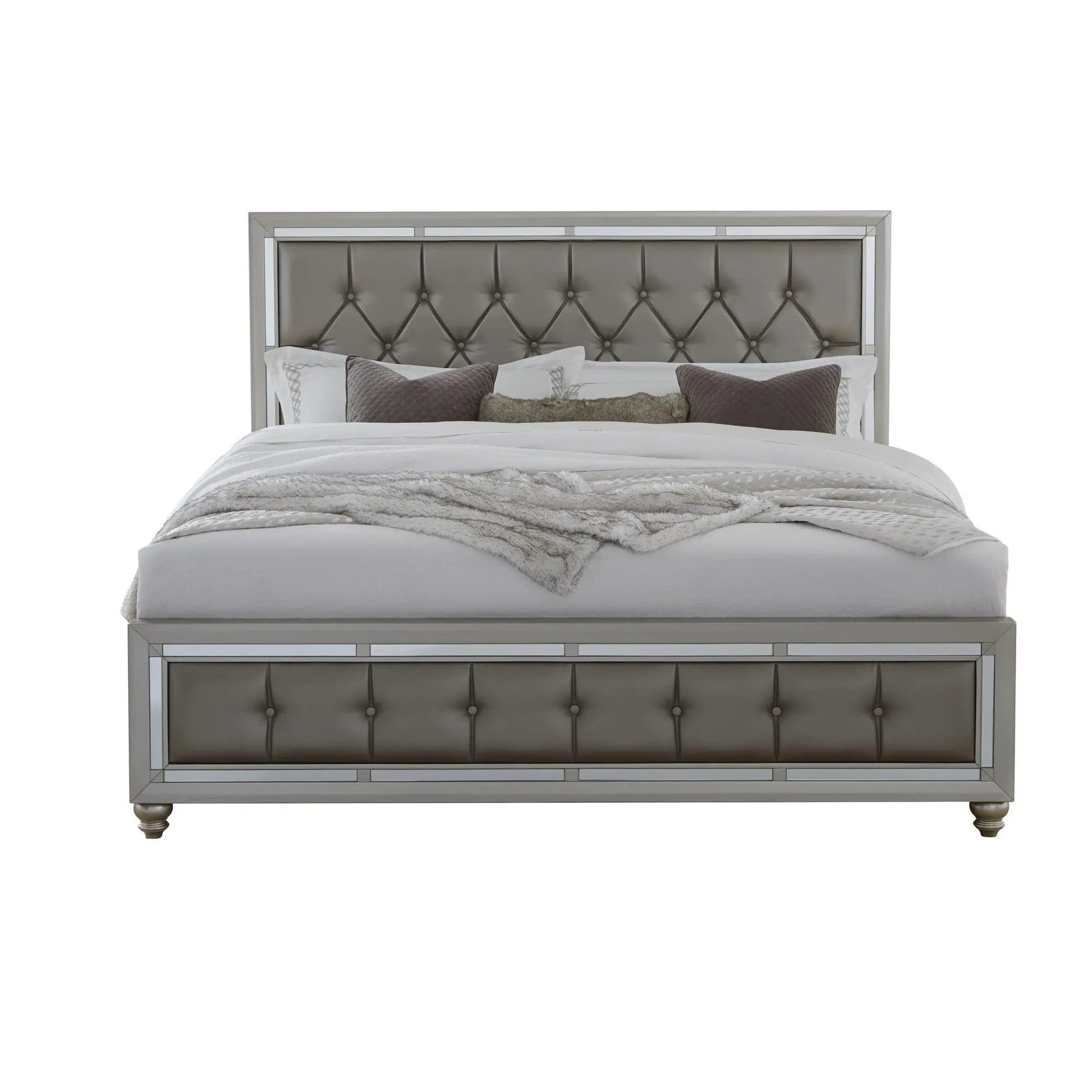 Silver Wood And Tufted Linen Queen Bed Frame With Nailhead Trim-2