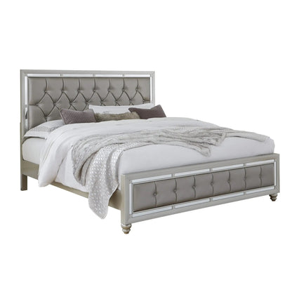 Silver Wood And Tufted Linen Queen Bed Frame With Nailhead Trim-1