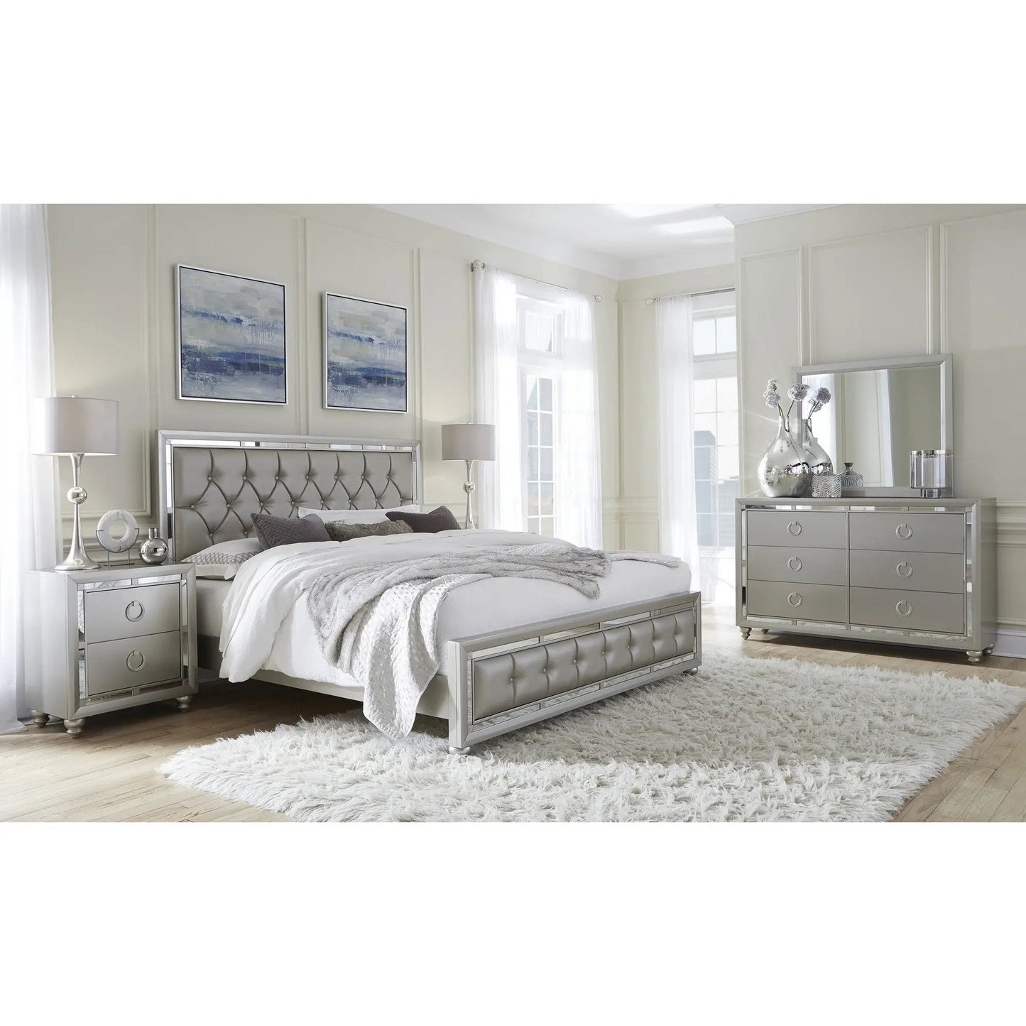 Silver Wood And Tufted Linen Queen Bed Frame With Nailhead Trim-5