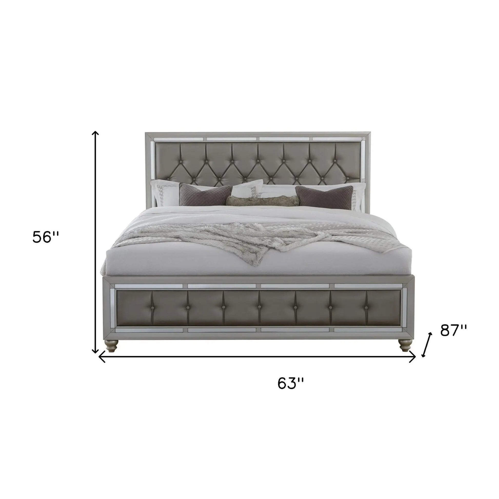 Silver Wood And Tufted Linen Queen Bed Frame With Nailhead Trim-6