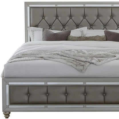 Silver Wood And Tufted Linen Queen Bed Frame With Nailhead Trim-4