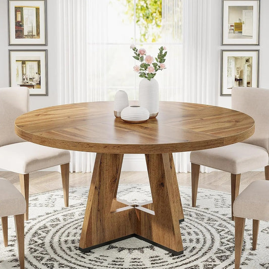 round Dining Table Wood Kitchen Table for Dining Room Living Room, 47" Dinning Room Tables for 4 Adult, Farmhouse Dinner Table with Wooden Tabletop and Cross Base, Burlywood(Only Table) ShipItFurniture