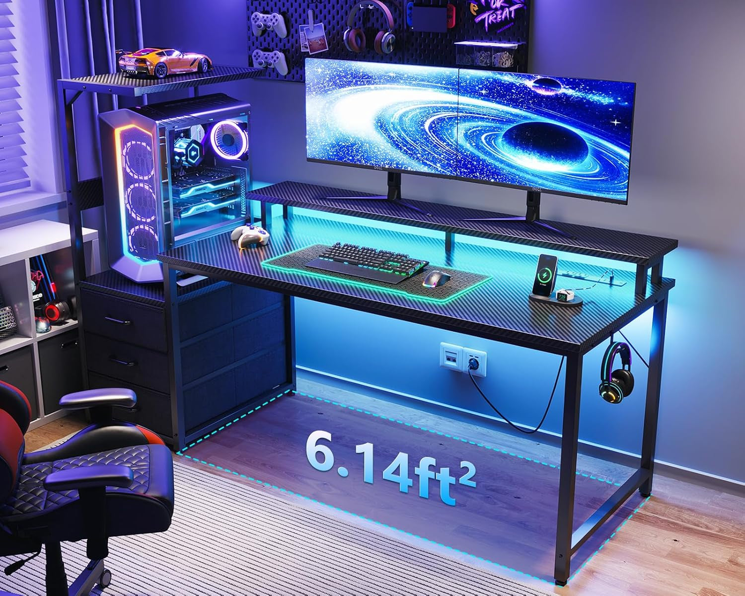 59 Inch Gaming Desk with USB Charging Ports & LED Light- Reversible Computer Desk with Storage Shelves & Monitor Stand, Modern Gamer Desk Table with Fabric Drawers & Side Hook, Carbon Fiber Black ShipItFurniture