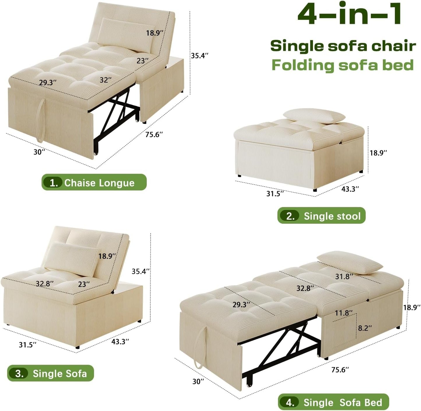 4 In 1 Convertible Sleeper Chair Bed With Pocket-1