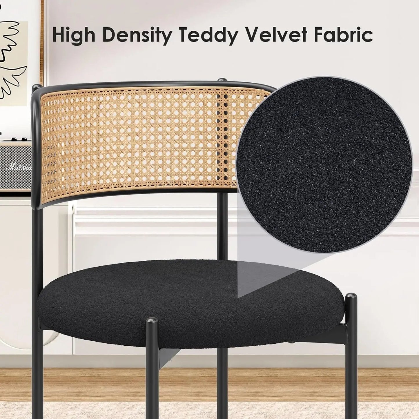 Kitchen Chairs Set of 4, Mid-Century Modern Dining Chairs,Kitchen Dining Room Chairs, Rattan Backrest round Upholstered Sherpa Dining Chairs,Black-4