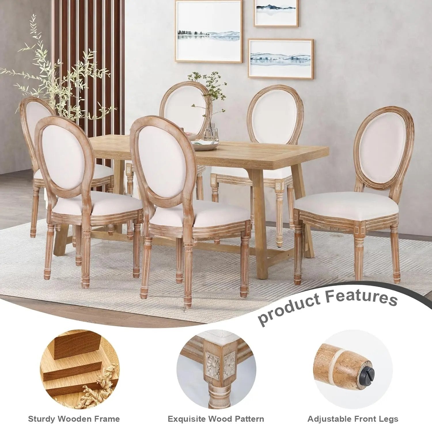 Dining Chairs Set of 2 Beige Fabric Square Back with Solid Wood Legs and Frame for French Country Kitchen Dining Room-4