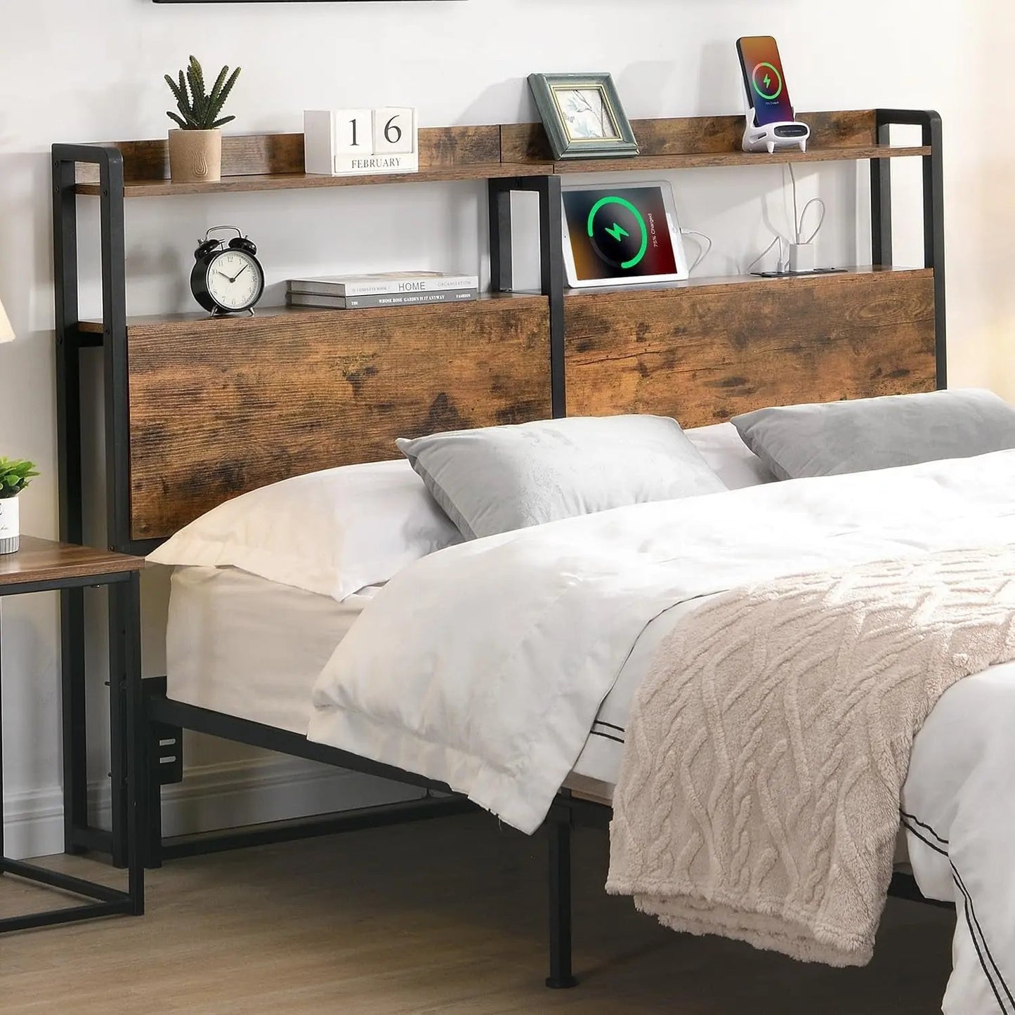Queen Size Headboard with Storage and Charging Station-0