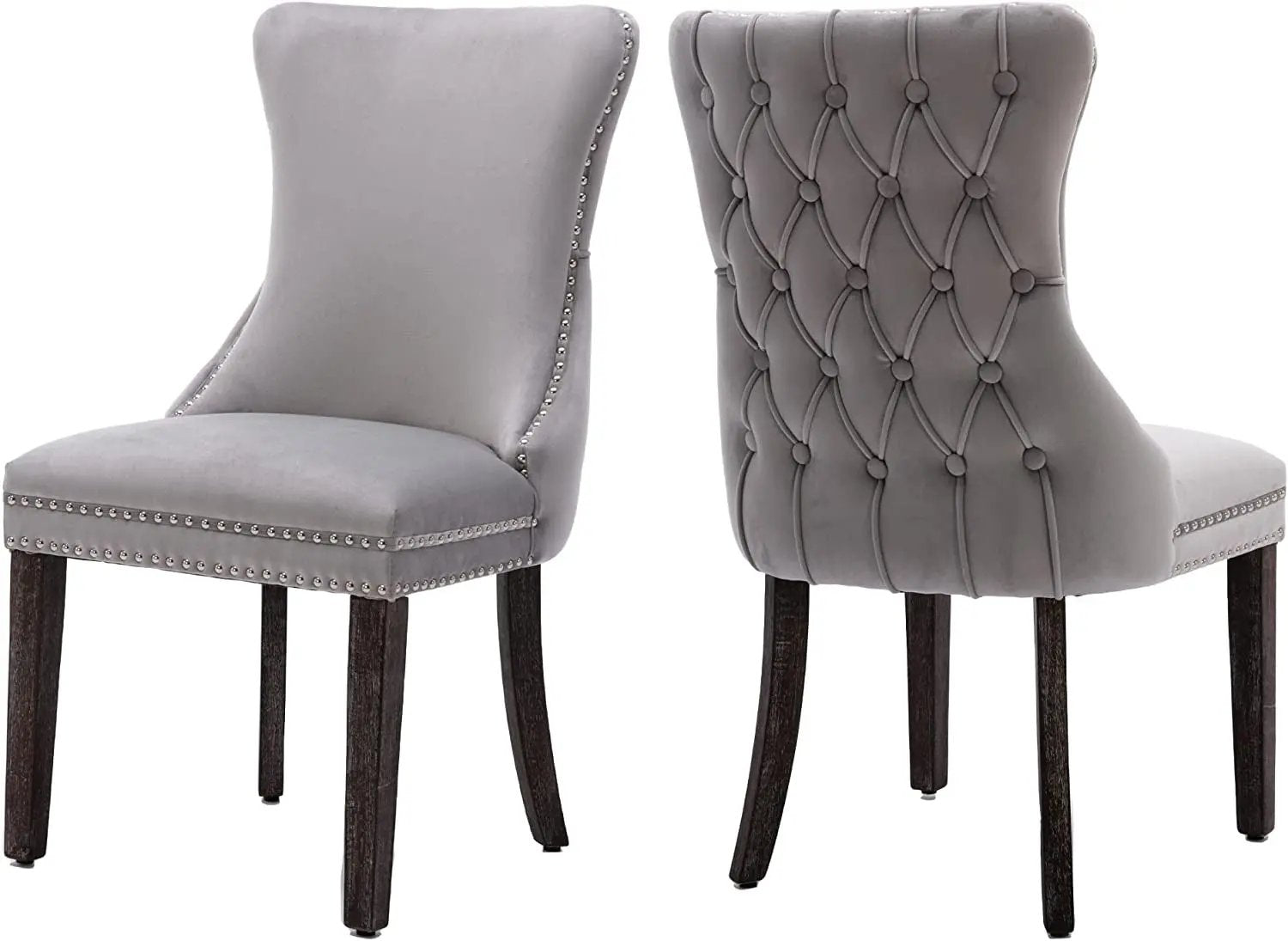 Set of 2 Light Gray Velvet Tufted Wingback Dining Side Chairs, Nailhead, Solid Wood Legs-1