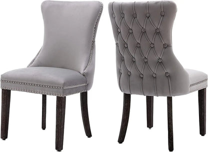 Set of 2 Light Gray Velvet Tufted Wingback Dining Side Chairs, Nailhead, Solid Wood Legs-1